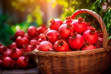 Harvesting of pomegranate in a basket, gathering fresh of pomegranate in the garden. Bright image. 