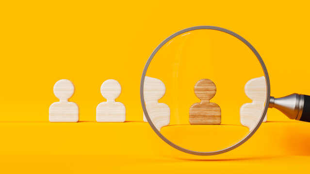 Five professional profiles reviewed by a magnifying glass on orange stage, human resources and labor