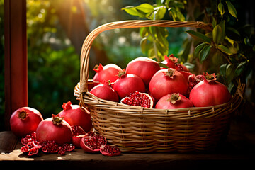 Harvesting of pomegranate in a basket, gathering fresh of pomegranate in the garden. Bright image. 