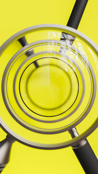 Yellow stage with four magnifying glasses lined up forming linear focus, search and find theme