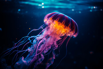 Bioluminescent jellyfish in the ocean's depths, radiating an otherworldly glow in the darkness. - obrazy, fototapety, plakaty