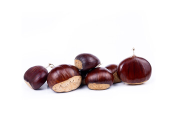 Ripe chestnuts close up. Raw Chestnuts for Christmas. Fresh sweet chestnut. Castanea sativa top wiew