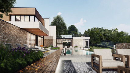 Architecture 3d rendering illustration of interior modern houses , daytime