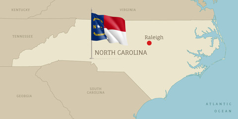 Map of North Carolina USA federal state with waving flag. Highly detailed editable map of North Carolina state with territory borders, neighboring states and Raleigh capital city vector illustration - obrazy, fototapety, plakaty