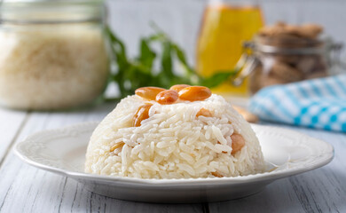 Traditional delicious Turkish food; Almond rice pilaf (Turkish name; Bademli pirinc pilavi)