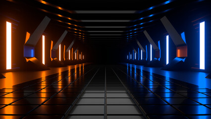 Sci Fi neon glowing lines in a dark tunnel. Reflections on the floor and ceiling. 3d rendering image. Abstract glowing lines. Technology futuristic background.