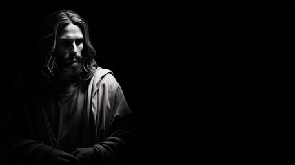 Portrait of a jesus crist, black and white with copy space for text - obrazy, fototapety, plakaty