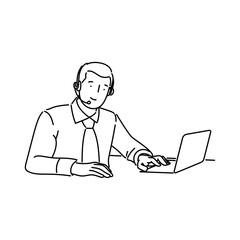 customer service man working on laptop. Vector illustration in line art style.
