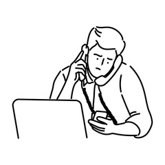 Vector illustration of a busy man talking on the phone and using a laptop
