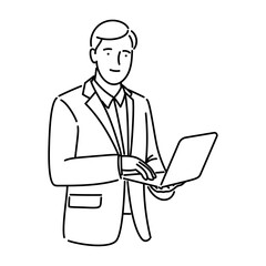 Businessman or man standing with laptop in hand. Vector illustration in outline style.