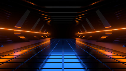 Fototapeta premium Sci Fi neon glowing lines in a dark tunnel. Reflections on the floor and ceiling. 3d rendering image. Abstract glowing lines. Technology futuristic background.