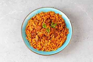 Local Turkish food; Lamb on barley noodle. Turkish name; Ankara Tava