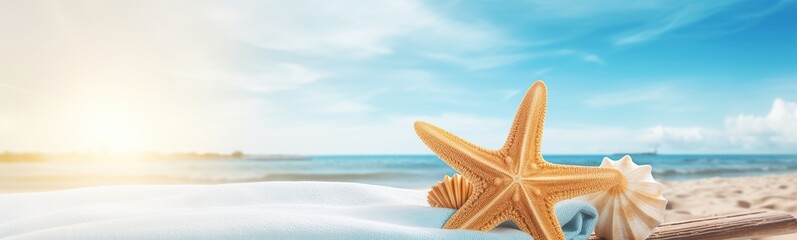 resort concept, towels and starfish with blue sky and beach background