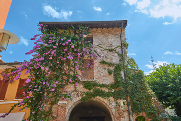 Beautiful view of the historic centre of Sirmione, with the old town house and the blooming bougainvillea, on Lake Garda. Province of Brescia, Italy.