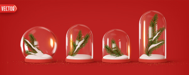 Set Glass snow globe and glass dome with white snowdrift, green fir tree branches for Christmas decorative design. New Year decoration elements. Xmas Realistic 3d holiday objects. vector illustration © lauritta