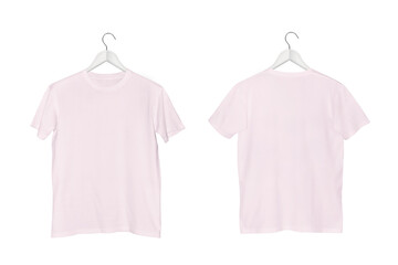 Light Pink Cotton Kids' O-Neck Short Sleeve T-Shirt Displayed on White Wooden Hanger with Transparent Background