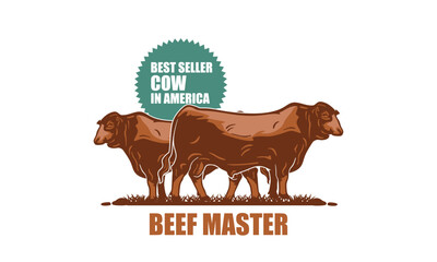 RED BEEFMASTER COW IN FARM LOGO, silhouette of great cattle standing vector illustrations.