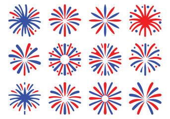 Fireworks set for independence day USA, Holiday and party firework, United States of America, vector illustration isolated on white background