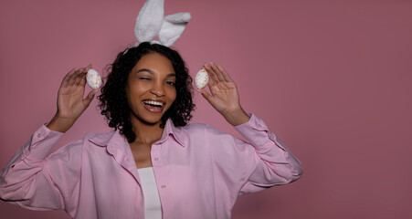 monochrome pink easter banner with cute woman in bunny ears .copy space,place for text