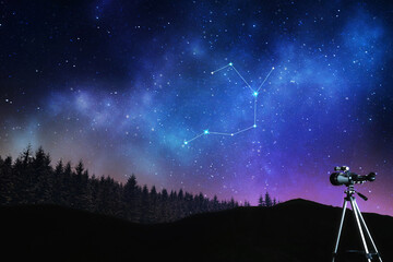 Sagittarius (Archer) constellation in starry sky over conifer forest at night. Stargazing with telescope