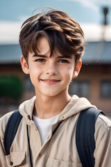 Portrait of a adorable teenage schoolboy is wearing uniform on the road to the school, westerner, on cinematic background