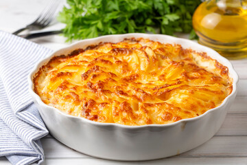 Potato gratin - graten (baked potatoes with cream and cheese) with rosemary and forks (Turkish name; Kremali patates)