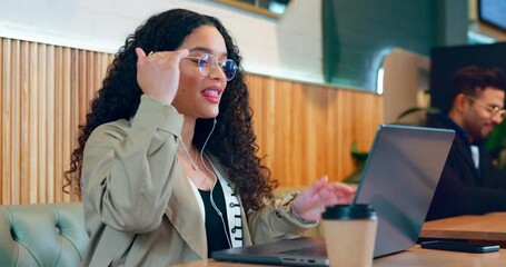 Laptop video call, talking or cafe woman explain, planning or review online meeting, restaurant webinar or virtual consultation. Remote work chat, communication or person consulting on web conference
