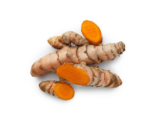Fresh turmeric roots isolated on white, top view