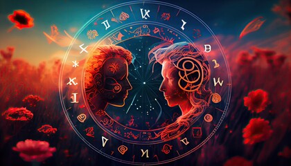 Horoscope astrology zodiac Concept romantic love signs symbol astral prediction human relationships compatibility adult best between capricorn chart dating design divination esoteric female flower - obrazy, fototapety, plakaty