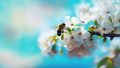 bee while pollinating branches blossoming cherry background blue sky nature outdoors copy space honey pollinate flower springtime blooming tree branch botany banner beautiful beauty bloom blossom