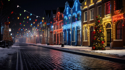 Night. Winter, christmas, christmas decoration. A colorful brick street lined with row houses, photo-realistic landscapes, traditional street scenes, colorful woodcarvings, delicate colors...