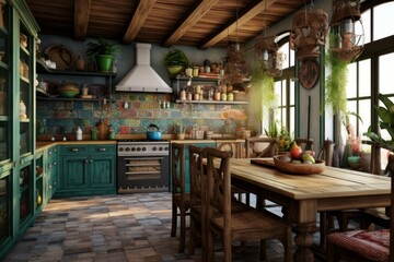 Homely Kitchen boho rustic. Room decoration. Generate Ai