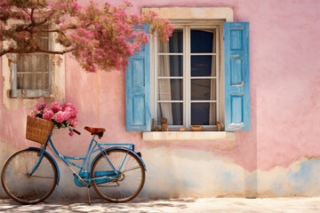Fototapeta na wymiar ibiza pink bike on street outside small square, spain, in the style of photo-realistic landscapes, charming, rustic scenes, contest winner, turquoise and beige.