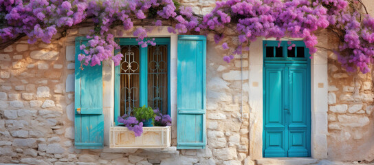 Fototapeta na wymiar an old stone house with purple flowers on the window, blue door and windows, in the style of light turquoise and light pink, bold and busy, romantic themes.