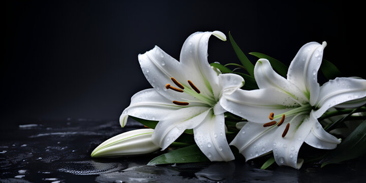 white lilies on black background,Beautiful white lily flowers on black background with copy space,White lilies on a black background,Floral Drama: Beautiful White Lily Flowers Set Against a Dark,
