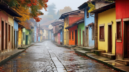 Fototapeta premium Raining. A colorful brick street lined with row houses, misty atmosphere, landscapes, traditional street scenes, colorful woodcarvings, delicate colors.