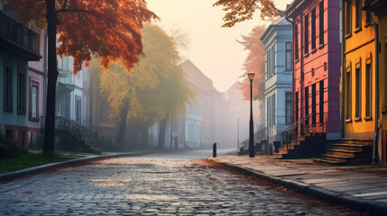 a colorful brick street lined with row houses, misty atmosphere, landscapes, traditional street scenes, colorful woodcarvings, delicate colors. - obrazy, fototapety, plakaty