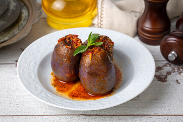 Traditional delicious Turkish foods; eggplant stuffed (patlican dolmasi)