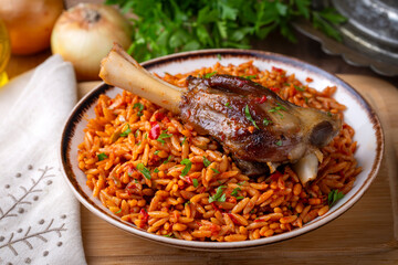Local Turkish food; Lamb on barley noodle. Turkish name; Ankara Tava or sehriyeli pilav ustu kuzu incik