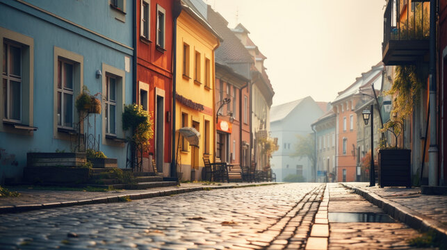 Fototapeta a colorful brick street lined with row houses, misty atmosphere, landscapes, traditional street scenes, colorful woodcarvings, delicate colors.