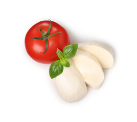 Delicious mozzarella cheese, tomato and basil leaves isolated on white, top view. Cooking Caprese salad