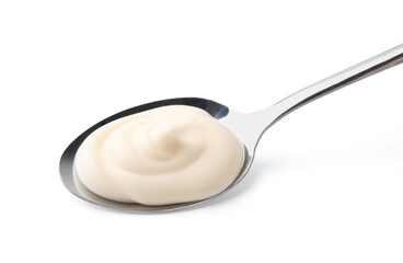 Spoon with tasty mayonnaise isolated on white