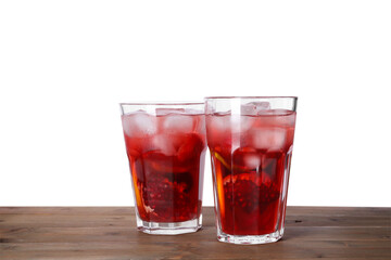 Delicious refreshing sangria on wooden table against white background