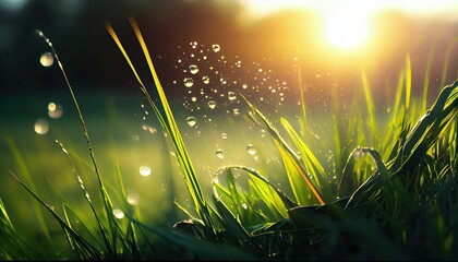 Spring nature background grass sunrise morning's dew green summer abstract sky sun forest light field leaf tree meadow garden landscape plant bright natural foliage fresh colours blur - Powered by Adobe