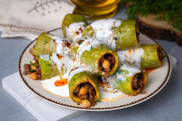 Traditional Turkish dishes; stuffed zucchini (kousa mahshi) meat, Turkish name; Sihil mahsi, kabak...