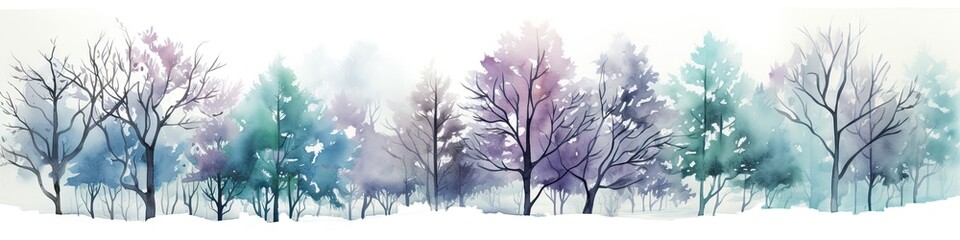 Watercolor painting of winter forest. Autumn or winter foggy deciduous forest illustration for Christmas design. Misty abstract background, holiday frame or border
