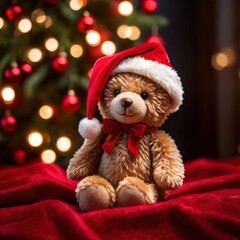 Christmas teddy bear wearing santa hat under christmas tree, festive traditional stuffed animal gift for sharing during holiday season