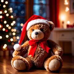 Christmas teddy bear wearing santa hat under christmas tree, festive traditional stuffed animal gift for sharing during holiday season