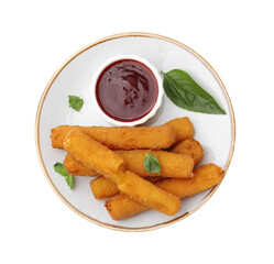 Tasty fried mozzarella sticks served with tomato sauce and basil isolated on white, top view