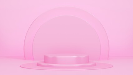 Pink 3d background, product presentation podium, mockup, website cosmetic showroom, circle pink background. Rose background for product presentation. Three steps pedestal render background, circle.